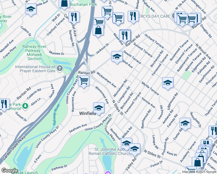 map of restaurants, bars, coffee shops, grocery stores, and more near 2720 North Stiles Street in Linden