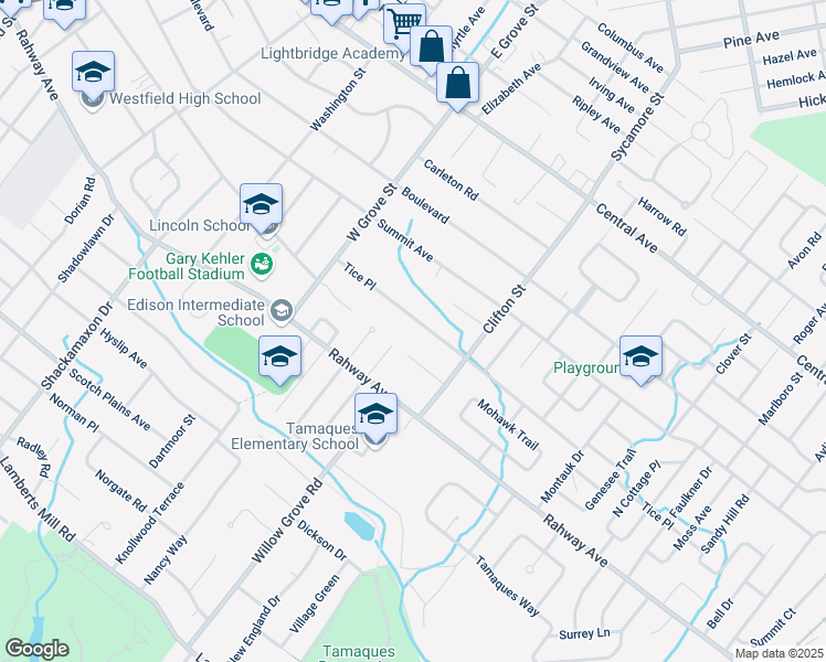 map of restaurants, bars, coffee shops, grocery stores, and more near 961 Cherokee Court in Westfield