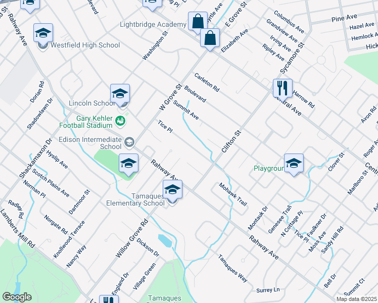 map of restaurants, bars, coffee shops, grocery stores, and more near 961 Cherokee Court in Westfield