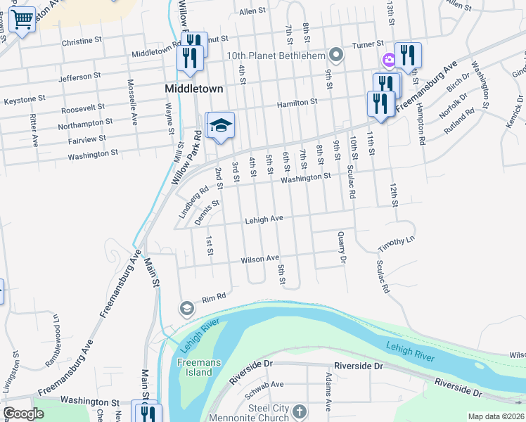map of restaurants, bars, coffee shops, grocery stores, and more near 3401 Lehigh Avenue in Bethlehem