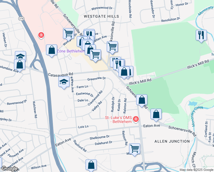map of restaurants, bars, coffee shops, grocery stores, and more near 1335 Crestwood Road in Bethlehem