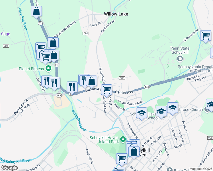 map of restaurants, bars, coffee shops, grocery stores, and more near 206 Center Avenue in Schuylkill Haven