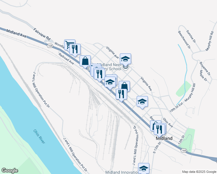 map of restaurants, bars, coffee shops, grocery stores, and more near 9 7th Street in Midland
