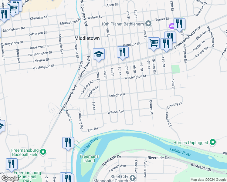 map of restaurants, bars, coffee shops, grocery stores, and more near 1611 4th Street in Bethlehem