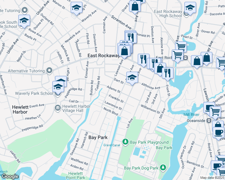 map of restaurants, bars, coffee shops, grocery stores, and more near in East Rockaway