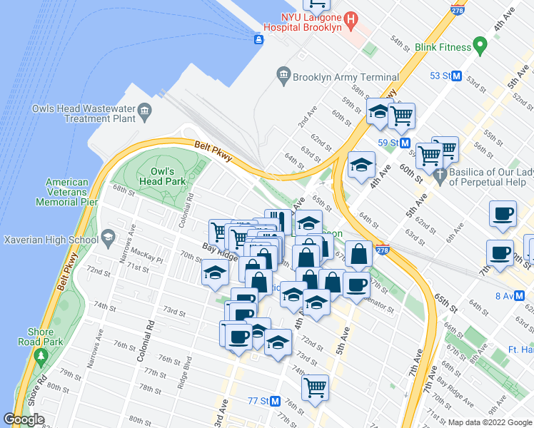 map of restaurants, bars, coffee shops, grocery stores, and more near 246 67th Street in Brooklyn