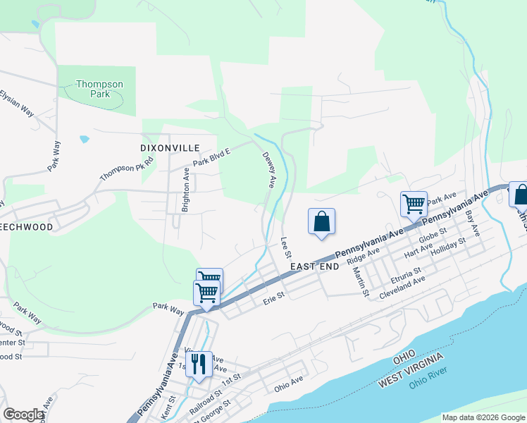 map of restaurants, bars, coffee shops, grocery stores, and more near 815 Park Boulevard East in East Liverpool