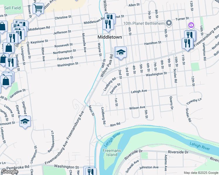 map of restaurants, bars, coffee shops, grocery stores, and more near 1638 Lindberg Road in Bethlehem