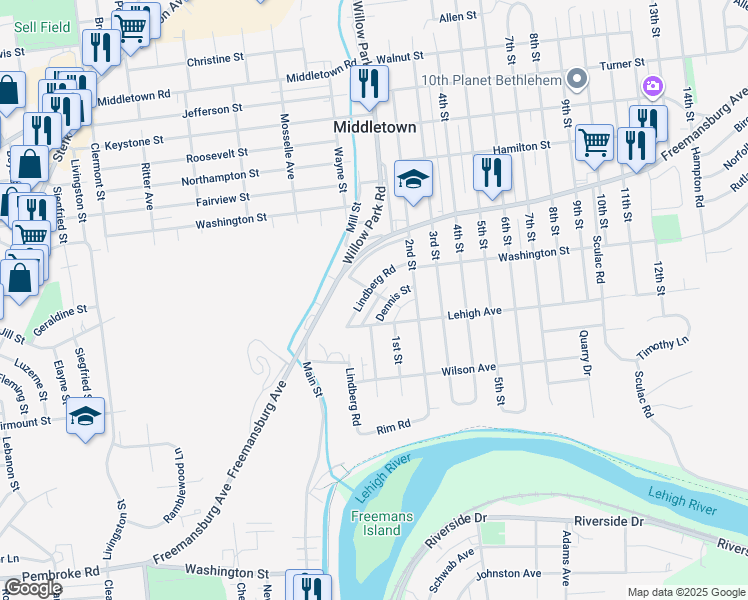 map of restaurants, bars, coffee shops, grocery stores, and more near 1638 Lindberg Road in Bethlehem