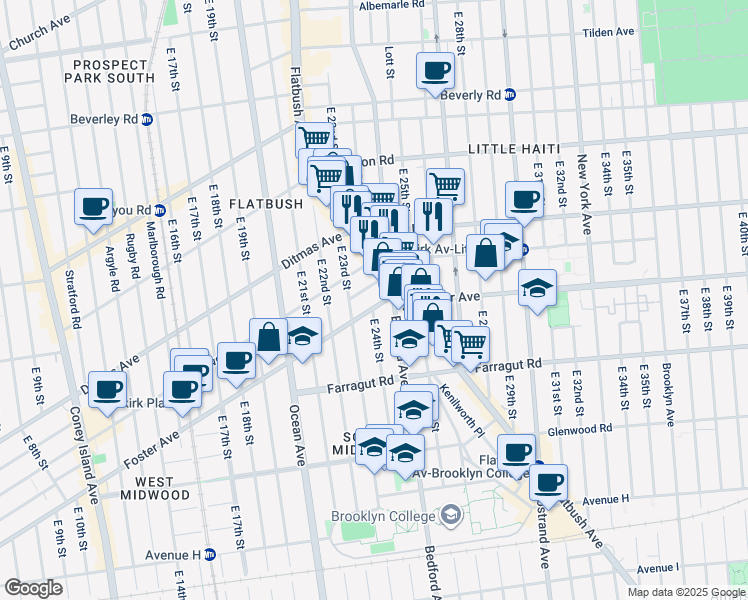 map of restaurants, bars, coffee shops, grocery stores, and more near 2337 Foster Avenue in Brooklyn