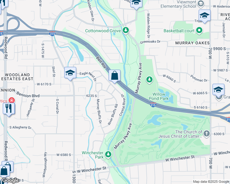 map of restaurants, bars, coffee shops, grocery stores, and more near 1127 Monticello Lane in Murray