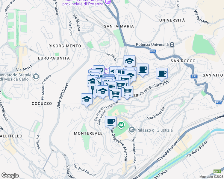map of restaurants, bars, coffee shops, grocery stores, and more near 20 Via Pretoria in Potenza