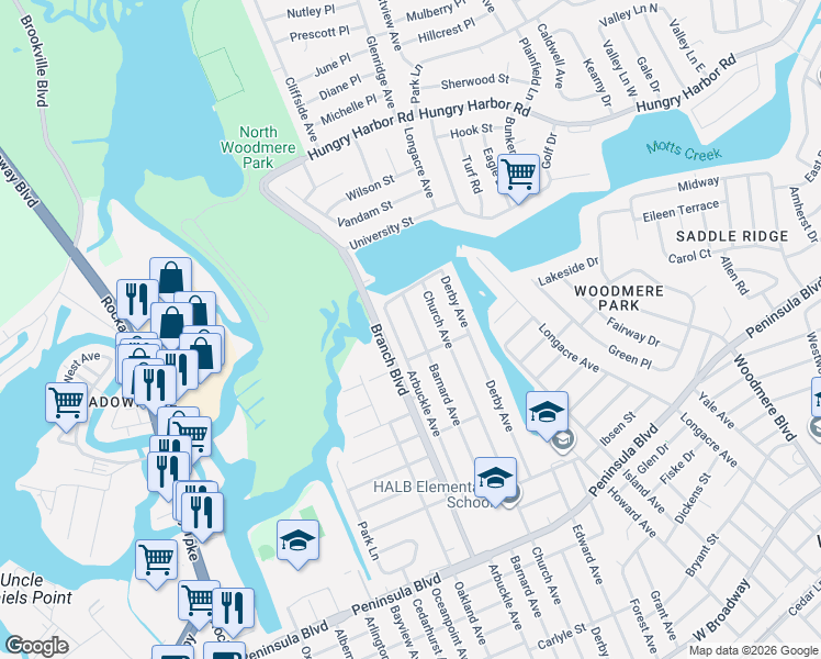 map of restaurants, bars, coffee shops, grocery stores, and more near 634 Barnard Avenue in Woodmere