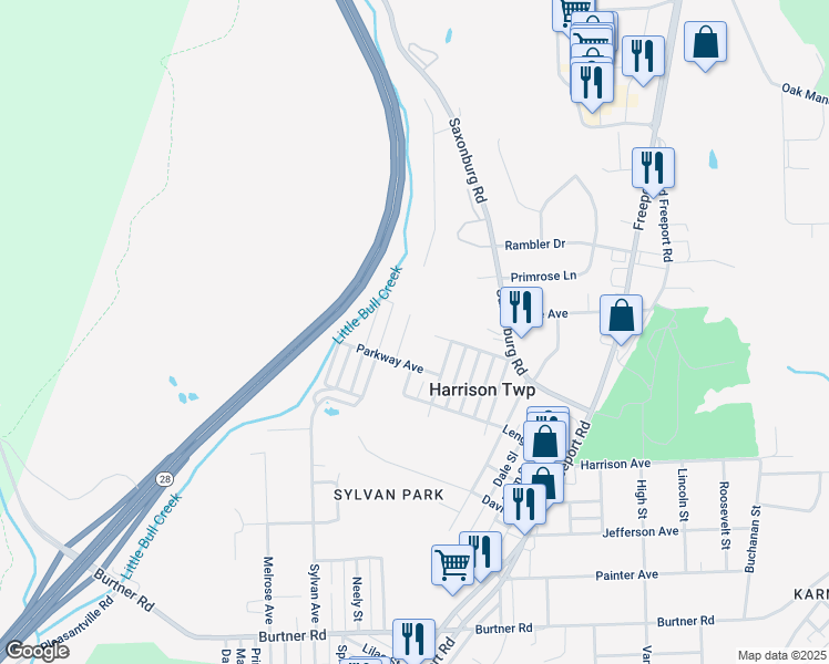map of restaurants, bars, coffee shops, grocery stores, and more near 1407 Stewart Street in Natrona Heights