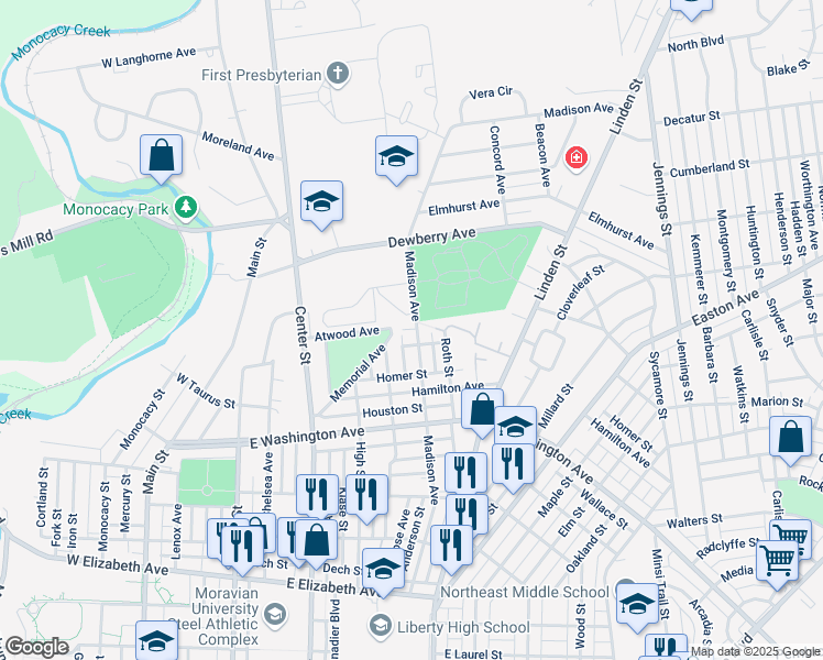 map of restaurants, bars, coffee shops, grocery stores, and more near 1763 Madison Avenue in Bethlehem