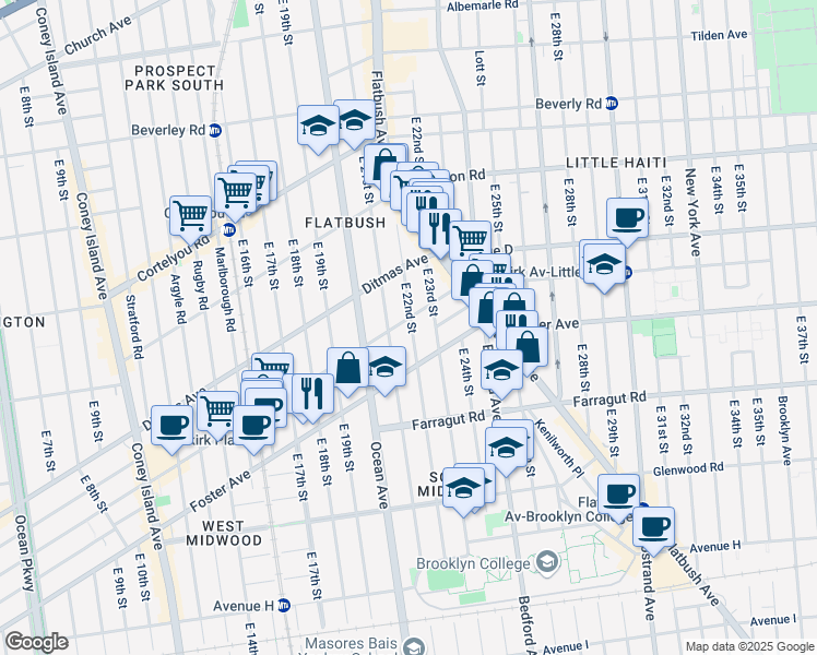 map of restaurants, bars, coffee shops, grocery stores, and more near 651 East 21st Street in Brooklyn