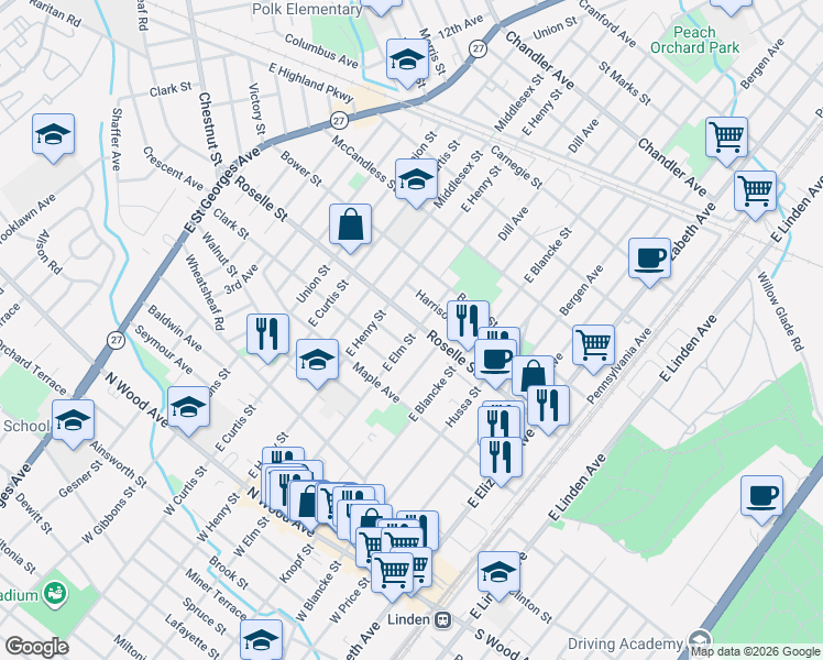 map of restaurants, bars, coffee shops, grocery stores, and more near 609 Roselle Street in Linden