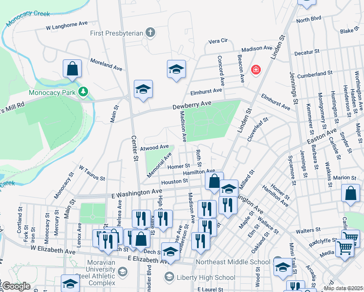map of restaurants, bars, coffee shops, grocery stores, and more near 1763 Madison Avenue in Bethlehem