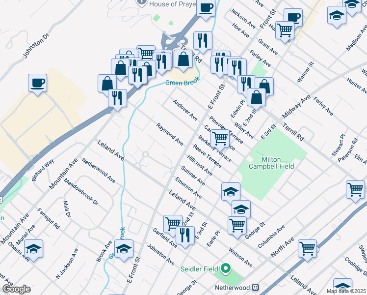 map of restaurants, bars, coffee shops, grocery stores, and more near 1283 East Front Street in Plainfield