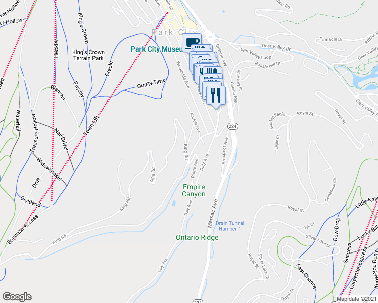 map of restaurants, bars, coffee shops, grocery stores, and more near 90 King Road in Park City