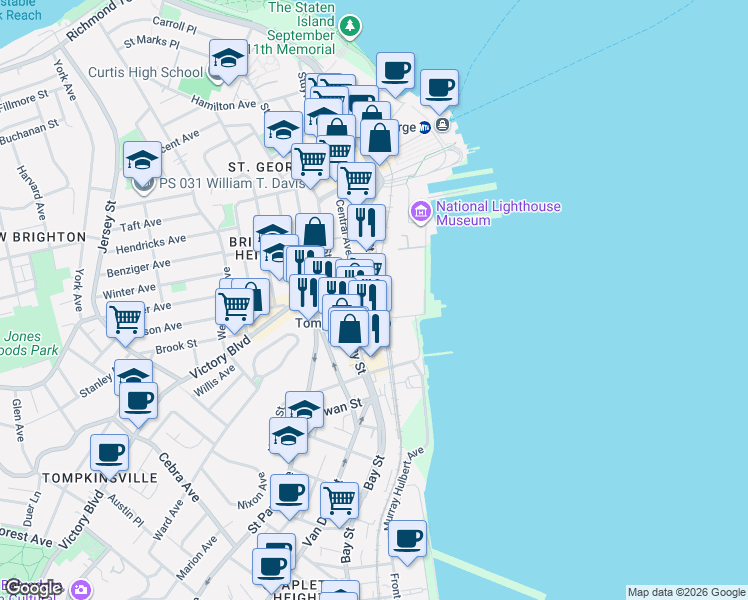 map of restaurants, bars, coffee shops, grocery stores, and more near 153 Bay Street in Staten Island