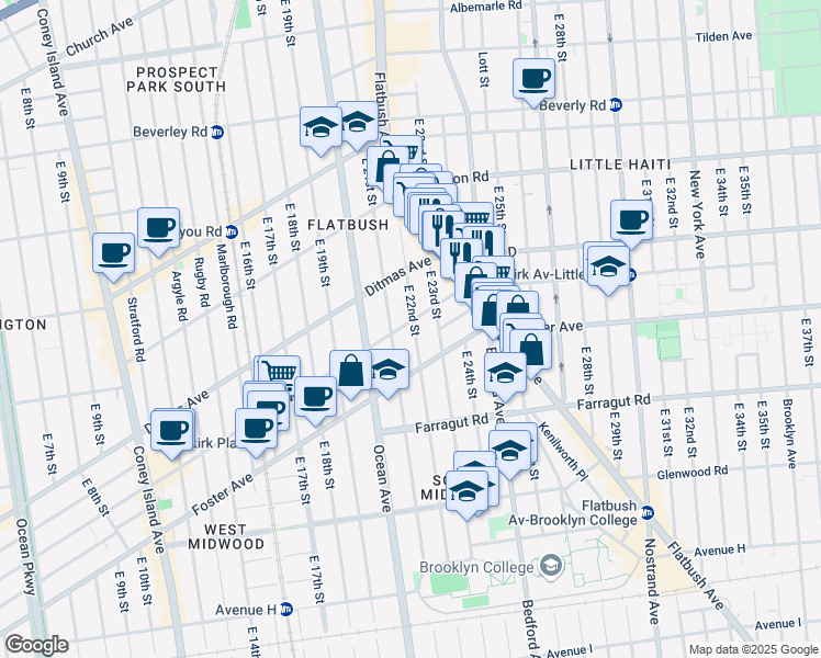 map of restaurants, bars, coffee shops, grocery stores, and more near 2120 Newkirk Avenue in Brooklyn