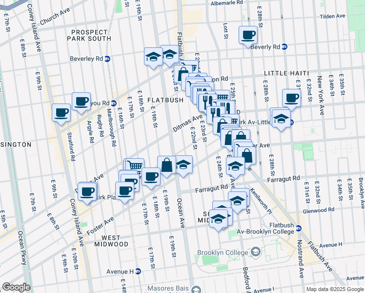 map of restaurants, bars, coffee shops, grocery stores, and more near 636 East 21st Street in Brooklyn