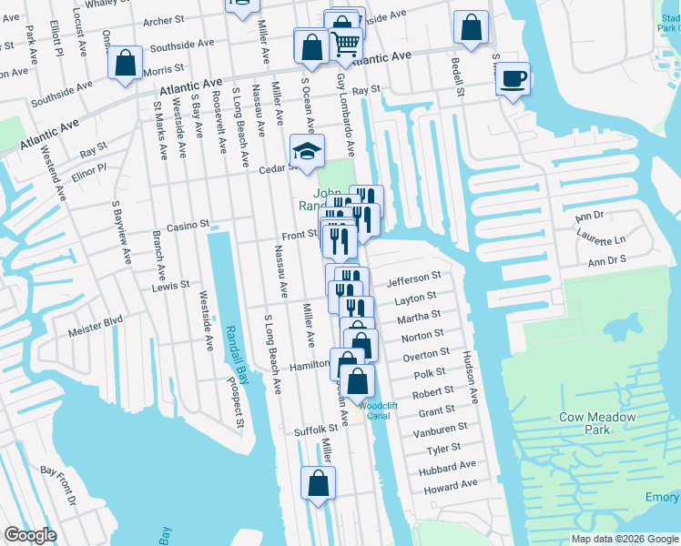 map of restaurants, bars, coffee shops, grocery stores, and more near 42 Woodcleft Avenue in Freeport