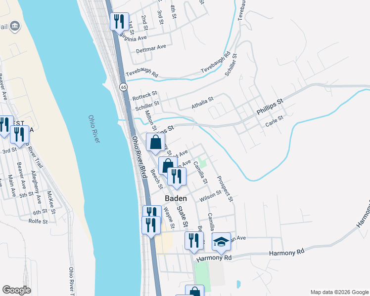 map of restaurants, bars, coffee shops, grocery stores, and more near 530 Dippold Avenue in Baden