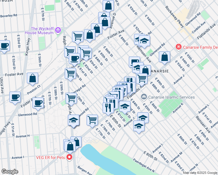 map of restaurants, bars, coffee shops, grocery stores, and more near 8115 Glenwood Road in Brooklyn