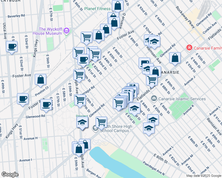 map of restaurants, bars, coffee shops, grocery stores, and more near 8115 Glenwood Road in Brooklyn