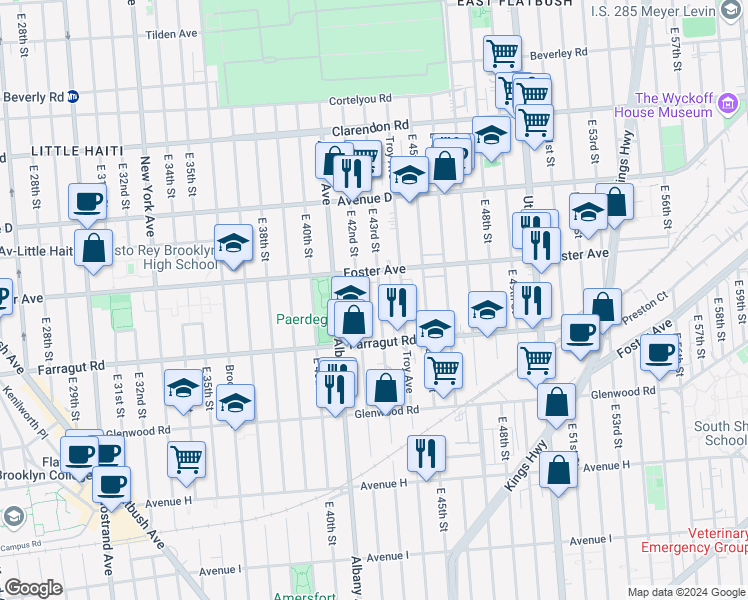 map of restaurants, bars, coffee shops, grocery stores, and more near 703 East 42nd Street in Brooklyn