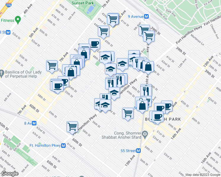 map of restaurants, bars, coffee shops, grocery stores, and more near 5015 10th Avenue in Brooklyn