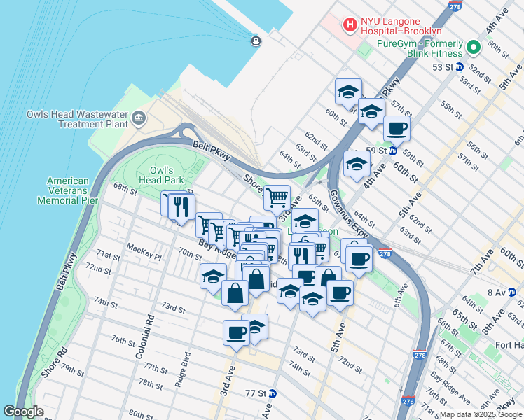 map of restaurants, bars, coffee shops, grocery stores, and more near 246 67th Street in Brooklyn