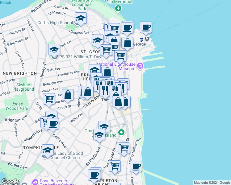 map of restaurants, bars, coffee shops, grocery stores, and more near 16 Saint Pauls Avenue in Staten Island