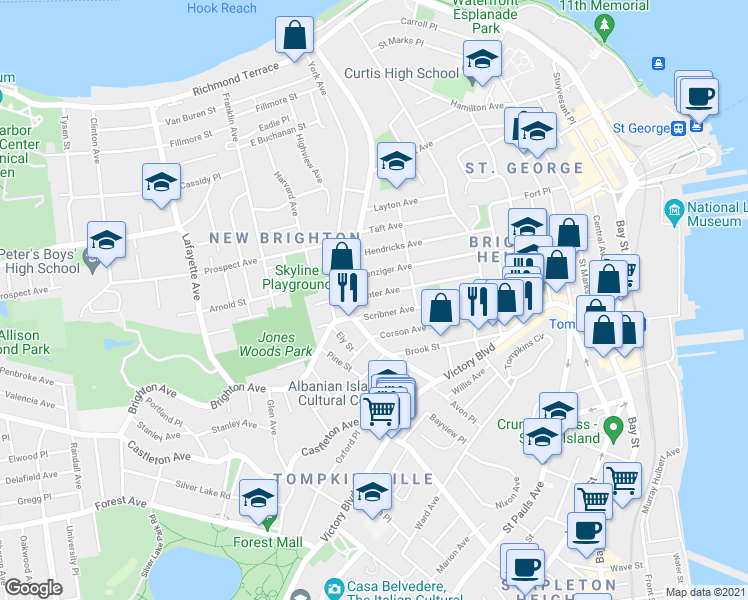 map of restaurants, bars, coffee shops, grocery stores, and more near 133 Scribner Avenue in Staten Island