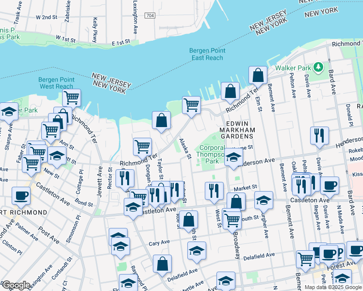 map of restaurants, bars, coffee shops, grocery stores, and more near 43 Alaska Street in Staten Island