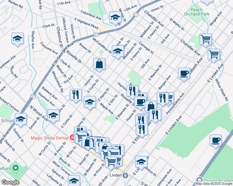 map of restaurants, bars, coffee shops, grocery stores, and more near 609 Roselle Street in Linden