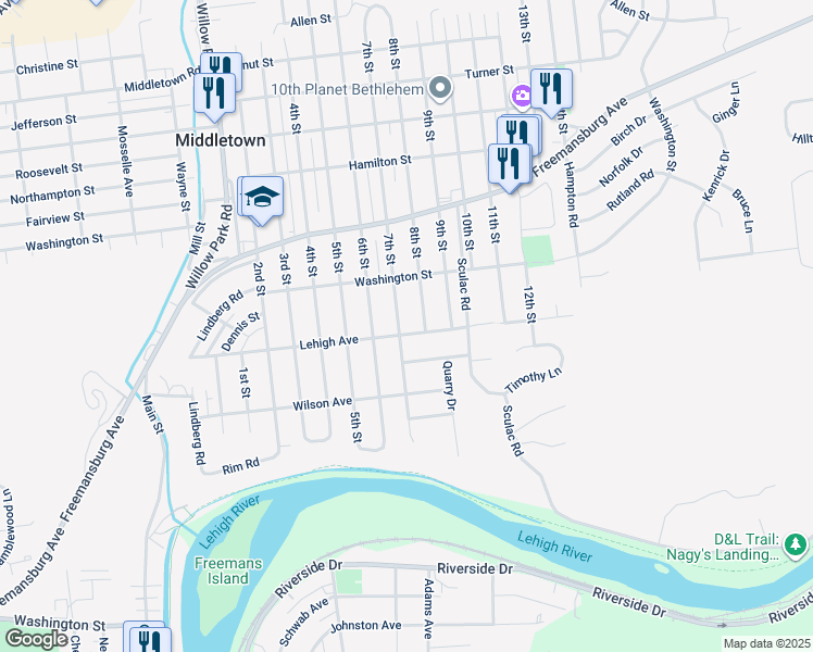 map of restaurants, bars, coffee shops, grocery stores, and more near 1612 7th Street in Bethlehem