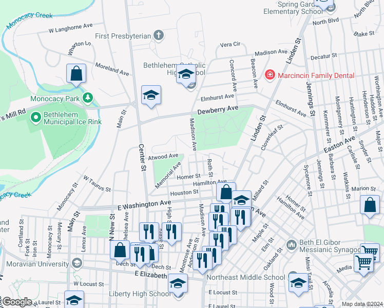 map of restaurants, bars, coffee shops, grocery stores, and more near 1772 Memorial Avenue in Bethlehem