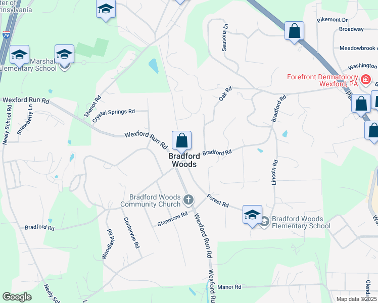 map of restaurants, bars, coffee shops, grocery stores, and more near in Bradford Woods