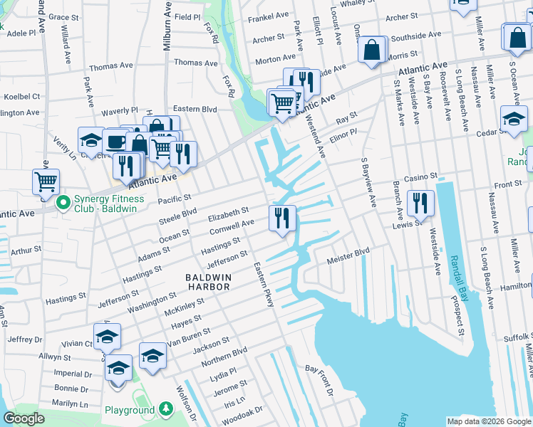map of restaurants, bars, coffee shops, grocery stores, and more near 1143 Hastings Parkway in Baldwin