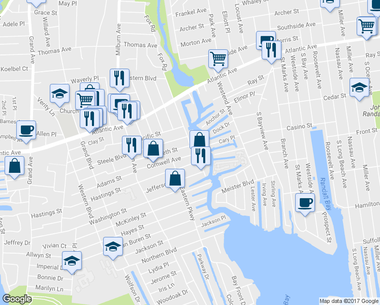 map of restaurants, bars, coffee shops, grocery stores, and more near 1141 Cornwell Avenue in Baldwin