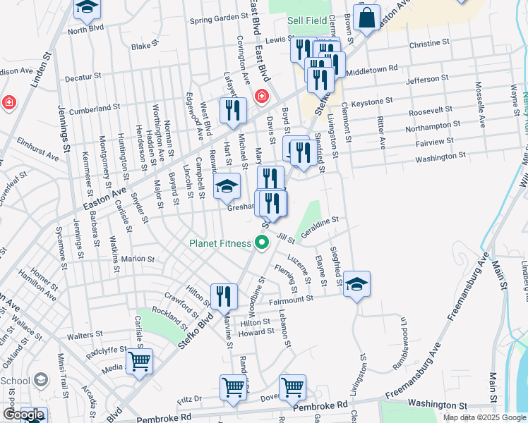 map of restaurants, bars, coffee shops, grocery stores, and more near 1781 Stefko Boulevard in Bethlehem