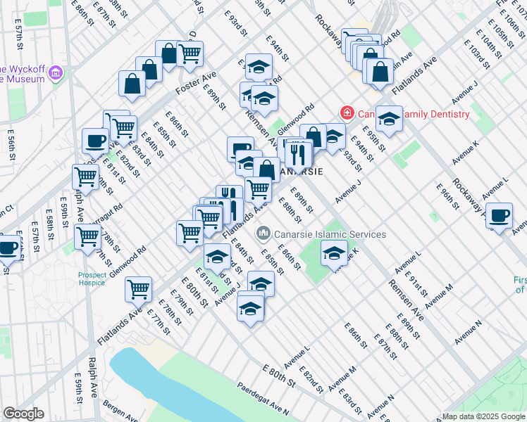 map of restaurants, bars, coffee shops, grocery stores, and more near 927 East 86th Street in Brooklyn