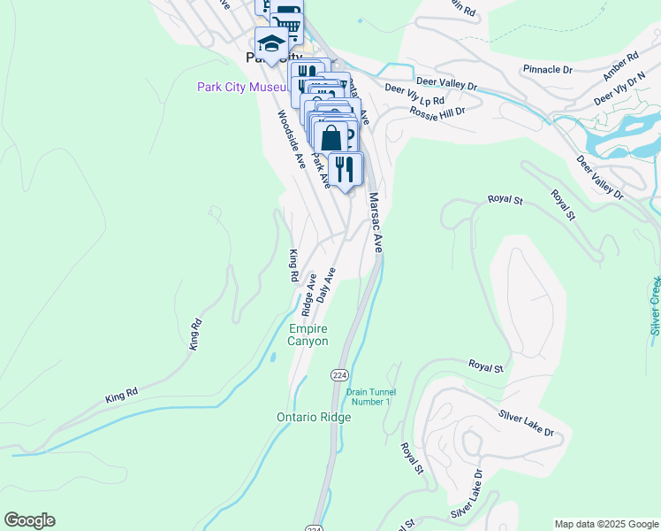 map of restaurants, bars, coffee shops, grocery stores, and more near 80 Daly Avenue in Park City