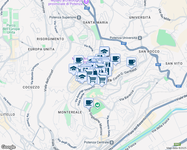 map of restaurants, bars, coffee shops, grocery stores, and more near 8 Vicolo Assisi in Potenza