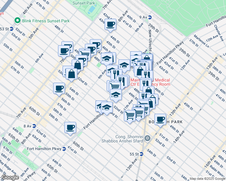 map of restaurants, bars, coffee shops, grocery stores, and more near 5015 10th Avenue in Brooklyn