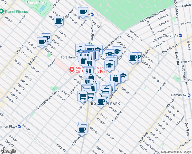 map of restaurants, bars, coffee shops, grocery stores, and more near 1167 47th Street in Brooklyn