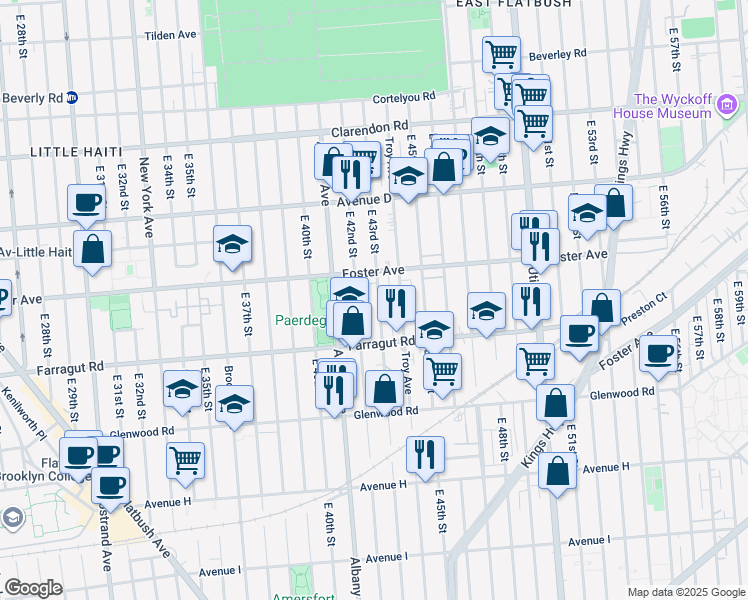 map of restaurants, bars, coffee shops, grocery stores, and more near 703 East 42nd Street in Brooklyn